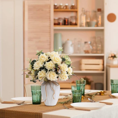 LESING Artificial Rose with Vase,Fake Silk Flowers Bouquets in Vase Table Centerpiece Arrangement for Kitchen Living Room (Champange)