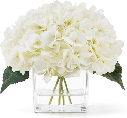 Faux Hydrangea Flowers in Vase, Small Silk Flowers in Vase with Fake Water for Home Decor Wedding Table (Cream)