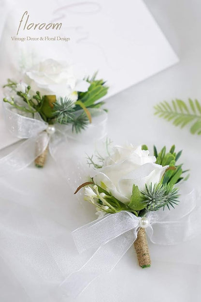 Floroom Ivory Rose Boutonnieres for Best Men Groom Groomsmen White Wedding Prom Set of 2