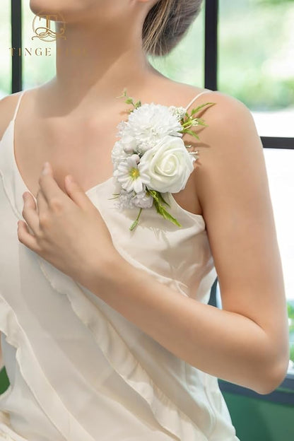 TINGE TIME Artificial Shoulder Corsages Flowers, Set of 2, Mother of The Bride Floral Corsage for Wedding Ceremony Anniversary Formal Dinner Party (IvoryWhite)
