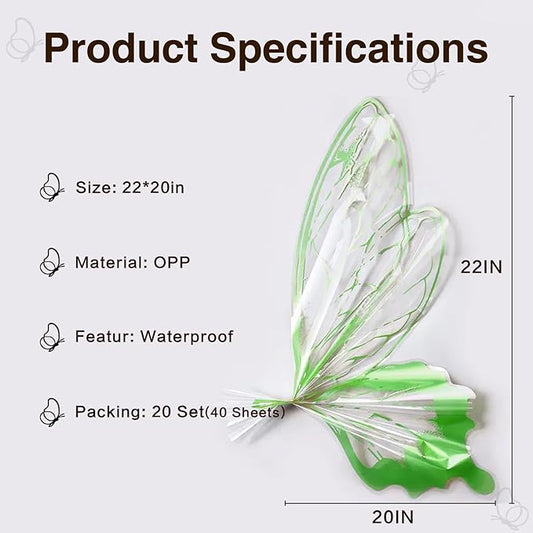 LLBWKC 20 Sets Butterfly Flower Wrapping Paper, Waterproof Butterfly Flower Bouquet Wrapping Paper, OPP Clear Floral Wraps for Florist Supplies, Gift Packaging, DIY Craft 20x22 in (Green