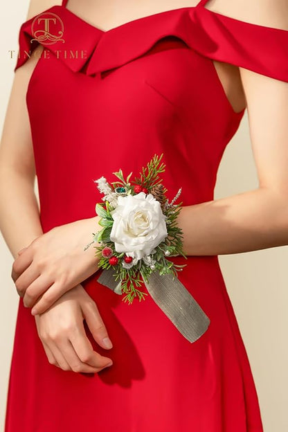 TINGE TIME White Corsage and Boutonniere Set, Prom Flower Wrist Corsage Bracelets, Boutonniere for Men Wedding Flowers Accessories Prom Suit Decorations