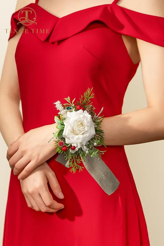 TINGE TIME White Corsage and Boutonniere Set, Prom Flower Wrist Corsage Bracelets, Boutonniere for Men Wedding Flowers Accessories Prom Suit Decorations