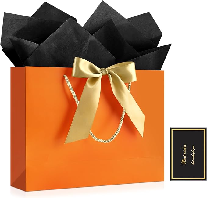 JMANNI 1PCS Large Gift Bag with Ribbon and 1 Greeting Card 2 Tissue Papers, Portable Paper Gift Bag with Handles, Birthday Present Bags for Wedding Party,Mothers Day12.6" x 9.8" x 3.9"(Orange
