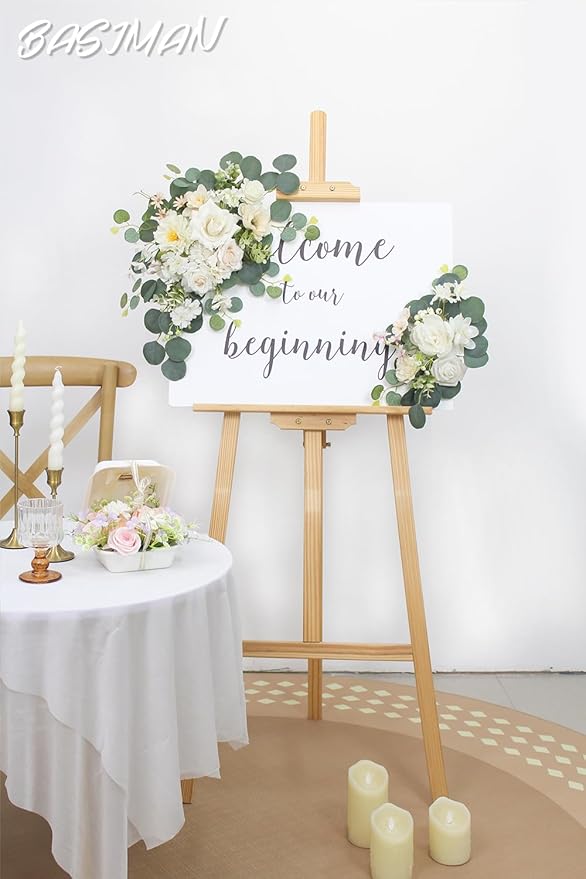 2pcs Wedding Arch Flowers,Wedding Artificial Sign Flower,Welcome Easel Door Decor Wall swags for Reception Backdrop Table Decorations Welcome Sign (Champagne White)