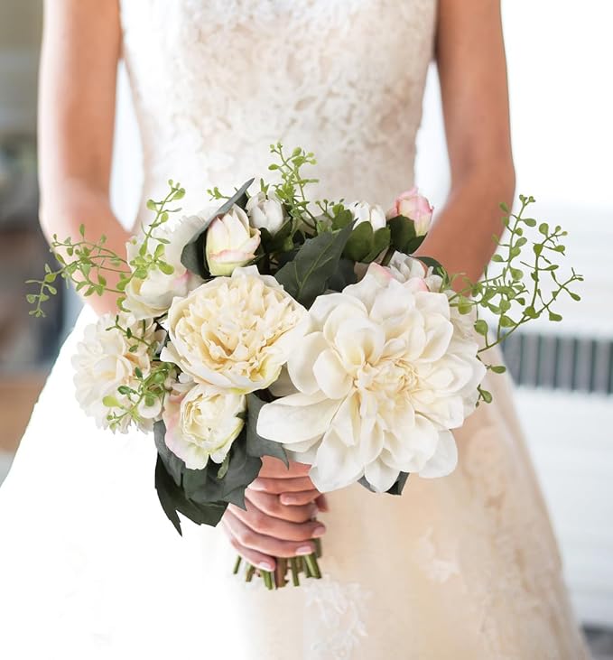 2 Bouquets White Artificial Peonies Combo Faux Dahlia Flowers 18stems Faux Flowers for Vase White Fake Flowers for Home Decoration Wedding Decoration Bride Bouquet (White)