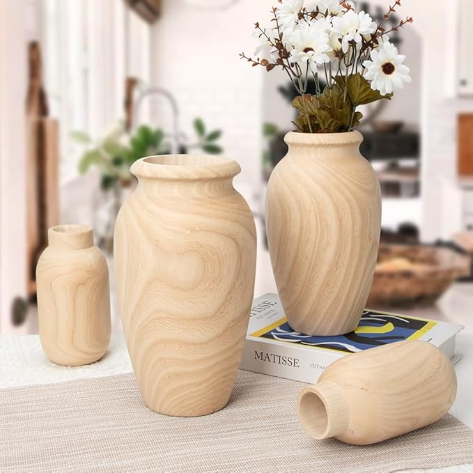 9" Tall Handmade Wooden Flower Vase, Large Wood Vase Decoration for Flower Arrangement Home Decoration