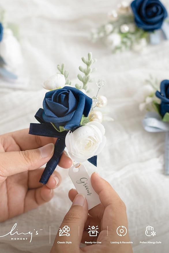 Ling's moment Boutonniere for Men, 6pcs Groom Groomsmen Boutonniere, Artificial Flowers for Wedding Decor/Prom/Homecoming, etc.Navy Blue Dark Blue