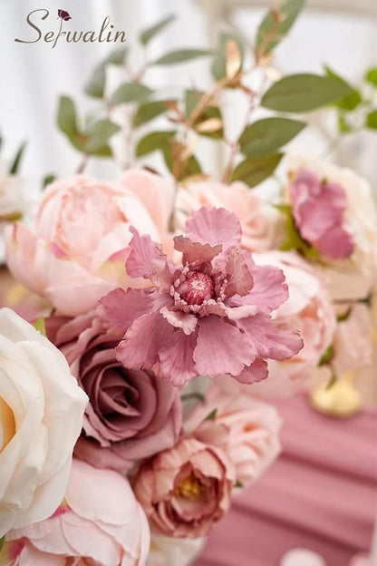 Serwalin 2 Pcs Artificial Flowers Pink Wedding Cake Flowers, Fake Dusty Roses Peonies for Bouquets Table Centerpieces Wedding Home Decor, Baby Shower Party Flowers with Stems DIY Combo