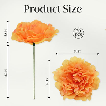 20pcs 5" Artificial Flower Peonies, Silk Peonies with 6" Stems, Flowers Suitable for Wedding Bouquets, Home Party Decoration (Orange)