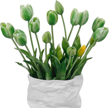 15 Pcs Green Artificial Flowers Tulips Real Touch Latex Plastic Soft Faux Bouquets for Party, Wedding, Home, Room, Garden Decor