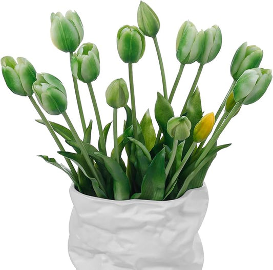 15 Pcs Green Artificial Flowers Tulips Real Touch Latex Plastic Soft Faux Bouquets for Party, Wedding, Home, Room, Garden Decor