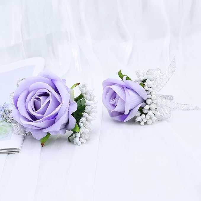 2Pcs Light Purple Rose Corsage and Boutonniere Set, Artificial Wrist Corsage Wristlet Bracelets, Men Boutonniere for Wedding Anniversary Party Homecoming Flowers Accessories Prom Decor