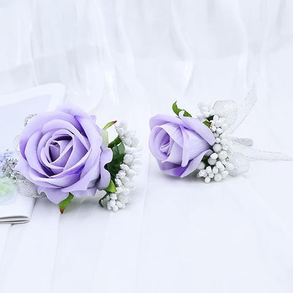 2Pcs Light Purple Rose Corsage and Boutonniere Set, Artificial Wrist Corsage Wristlet Bracelets, Men Boutonniere for Wedding Anniversary Party Homecoming Flowers Accessories Prom Decor
