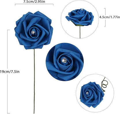 Royal Blue Roses with Crystal 50PCS Blue Foam Roses for Craft 2.95" Fake Blue Roses Artificial Flowers for Bridal/Baby Shower Decorations Wedding Centerpieces for Table (Royal Blue)