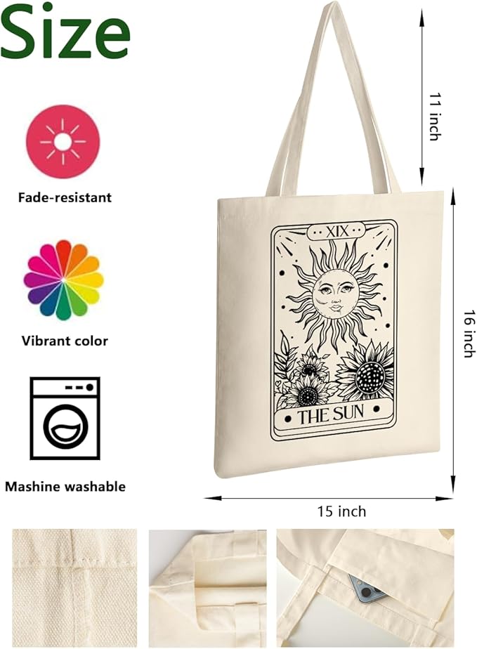 AUSVKAI Canvas Tote Bag Aesthetic for Women, Cute Sun Moon Cotton Totes Bag for Grocery Beach Shopping Gifts