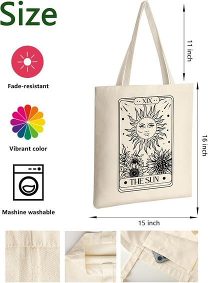 AUSVKAI Canvas Tote Bag Aesthetic for Women, Cute Sun Moon Cotton Totes Bag for Grocery Beach Shopping Gifts