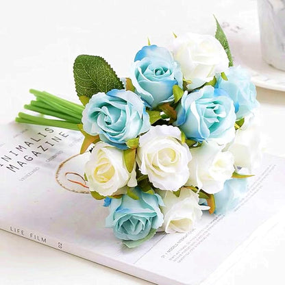 Jasion Artificial Roses Flowers 12 Heads Arrangement Silk Bouquet for Home Office Parties Bridal and Wedding Decoration (Blue and White)