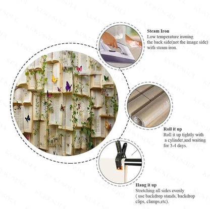 7x5ft Vintage Bookshelf Backdrop for Photography Book Butterfly Backdrops Books Flowers Wallpaper Decoration Bridal Shower Kids Girls Birthday Party Banner Supplies KUBYW004