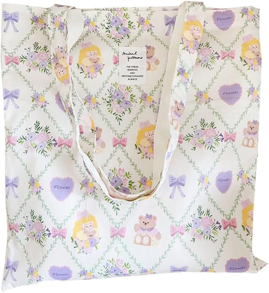 Cotton Canvas Tote Bag Reusable Soft Grocery Cloth Bag Floral Shoulder Bag for Beach Travel Shopping
