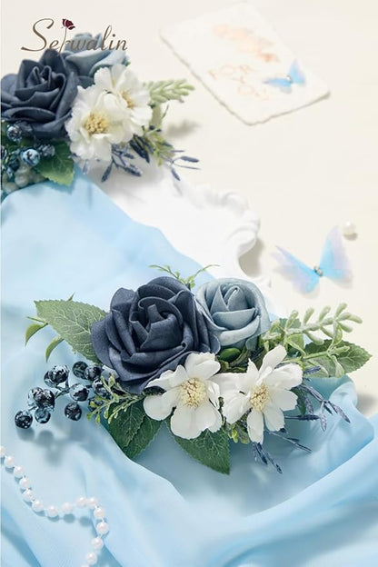 Serwalin Dusty Blue Corsage and Boutonniere Set 2pcs, 6-7inch Boutonniere and Wrist Corsage Wristband Prom Flower Wedding Flowers Accessories Prom Suit Decorations Cake Tppper