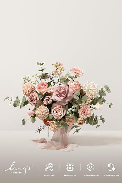 Ling's moment Dusty Rose Wedding Bouquets for Bride, Pink Bridal Bouquets for Bride, 13 Inch Free Form Artificial Wedding Flower Bouquet