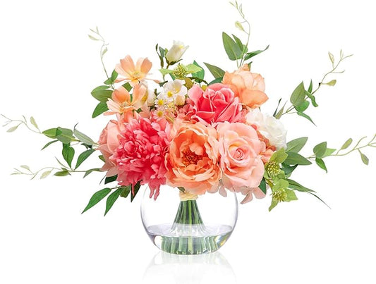 Artificial Flowers in Vase with Fake Water, Silk Peony Rose Flowers Bouquet with Glass Vase for Thanksgiving Party Birthday Wedding Dinning Table Centerpieces Office Decor & Gift (Coral & Peach Plus)