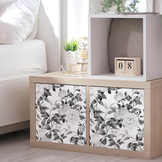 Floral Wallpaper Peel and Stick Black and White Wallpaper Self Adhesive Removable Vinyl Flower Contact Paper for Decorative Bedroom Home Wall (17.7"x236.2")