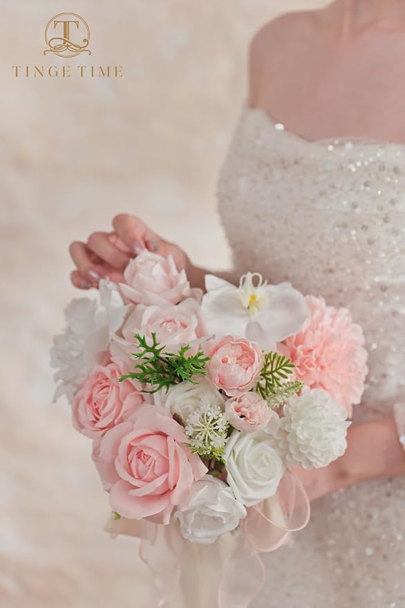 TINGE TIME Artificial Flowers Combo Mix Silk Flowers Pink Roses w/stem for DIY Wedding Bridal Bouquets Baby Shower Floral Arrangement Table Centerpieces Home Decorations (Blush Pink & White)