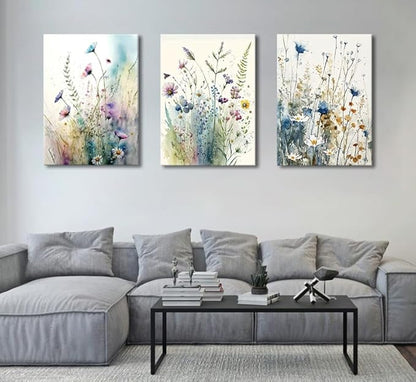 dgbtcart Colorful Flower Canvas Wall Art Set, Watercolor Daisy Floral Wall Decor, Wildflower Plant Wall Painting, Multicolour Botanical Art Print for Living Room Girls Bedroom Bathroom - 16"x24"x3pcs