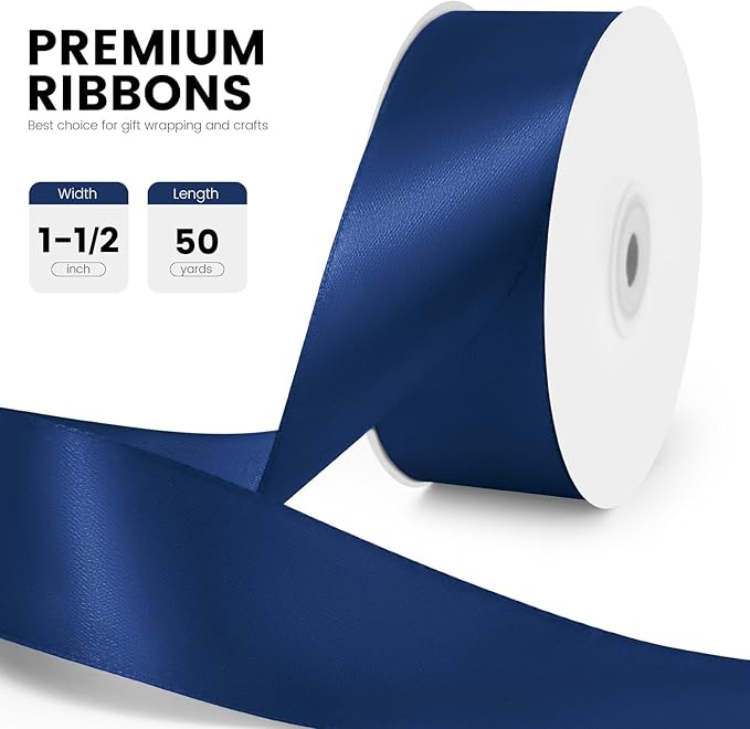 1-1/2" x 50 Yards Satin Ribbon - Navy Blue Silk Ribbon with Spool - Ideal for Gift Wrapping, Floral Bouquets, Crafts, Wedding Party Decorations, Christmas and Sewing Projects