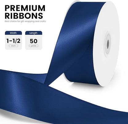 1-1/2" x 50 Yards Satin Ribbon - Navy Blue Silk Ribbon with Spool - Ideal for Gift Wrapping, Floral Bouquets, Crafts, Wedding Party Decorations, Christmas and Sewing Projects