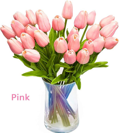 30pcs Artificial Tulips Flowers Real Touch Multicolored Tulips Fake Holland PU Tulip Bouquet Latex Flowers for Wedding Party Office Home Kitchen Decoration (Champagne Light Purple Pink)