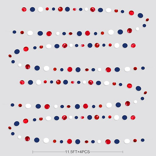 46 Ft Navy Blue Red White Circle Dots Garlands Royal Blue Red Hanging Paper Polka Dots Streamer for 4th of July American Independence Day USA National Day Patriotic Veterans Party Decorations Supplies