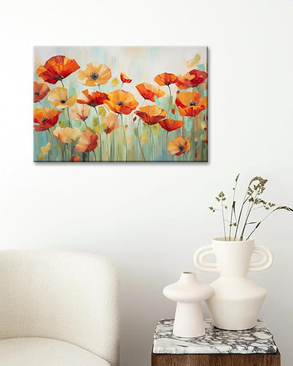 GLOKAKA Vibrant Poppies Wall Art Floral Red and Orange Watercolor Poppy Flower Painting Print Canvas Artwork For Living Room Bathroom Dinning Room Decor (24"x16")