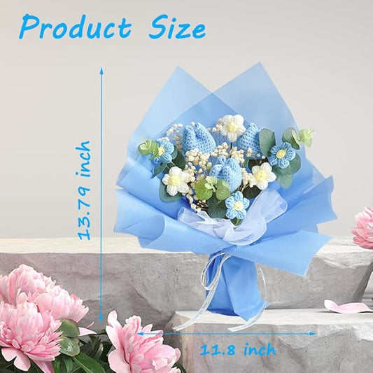 Crochet Flower Tulip Bouquet: Handmade Artificial Flower Knitted Sunflower Bouquet for Festival Wedding Graduation Anniversary (Blue)