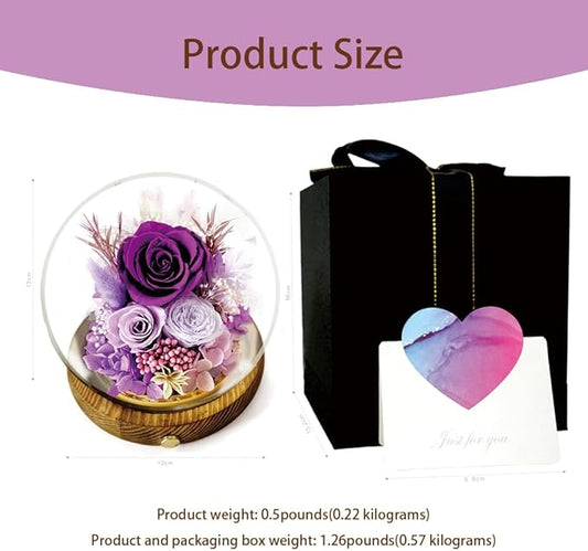 Preserved Real Rose Flowers in Glass Dome with LED Lights,Real Rose Flowers Unique Floral Gift for Girlfriend Mom Wife Girlfriend on Christmas Birthday Anniversary (Aurora Purple)