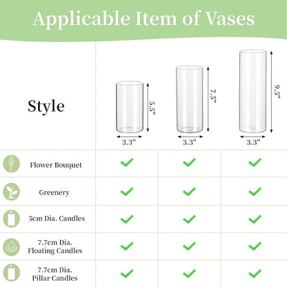 Glasseam Clear Glass Cylinder Vase, 6pcs Glass Vases for Centerpieces, Modern Floating Candle Vases for Flowers, Hurricane Vase Decor Candle Holder for Pillar Candles Wedding Deco (5.5"/7.5"/9.5")