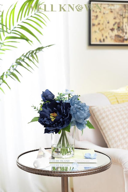 WELL KNOWN Artificial Flowers in Glass Vase with Fake Water, Silk Peony Flower Bouquet for Home Dinning Tea Table, Office Desktop, Hotel, Wedding, Party, Lavatory Decor & Gift (Navy Blue & Light Blue)