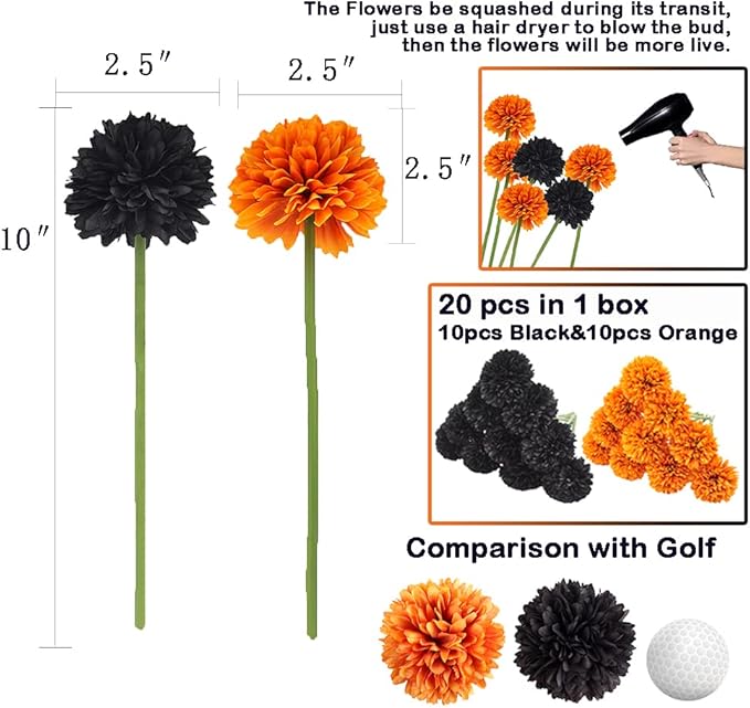 20Pcs Artificial Fake Flower Plants Silk Chrysanthemum Ball Hydrangea Arrangements Wedding Bouquets Decor Home Kitchen Garden Party Table Floral Centerpieces DIY (Orange&Black)