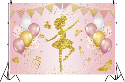 Renaiss 10x8ft Ballerina Princess Backdrop Pink Gold Shiny Elegant Fairy Ballet Dancer Photography Background for Girl Baby Shower Birthday Party Decor Banner Photo Studio Props