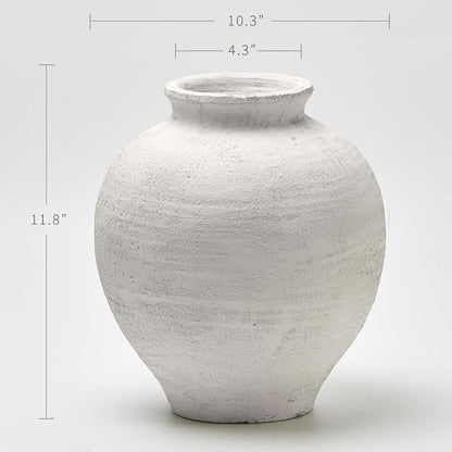 LB2 White Ceramic Large Vase, 11.8" Tall Zen Style vase, Terra Cotta Pitcher Vase, Distressed Farmhouse Decor, Pottery Decorative Flower for Home Decor (C - White 11.8")