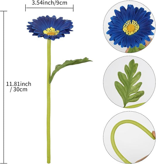 Royal Blue Gerbera Daisy Artificial Flowers 8 Pcs PU Realistic Fake Wildflowers for Vase Home Living Room Bathroom Kitchen Decor