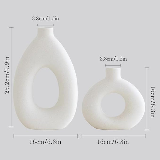 White Ceramic Vase Set of 2 for Modern Home Decor, Round Matte Donut Vases for Pampas Grass, Boho Nordic Minimalism Style Modern Flower Vases for Living Room Table Bookshelf Office Bedroom