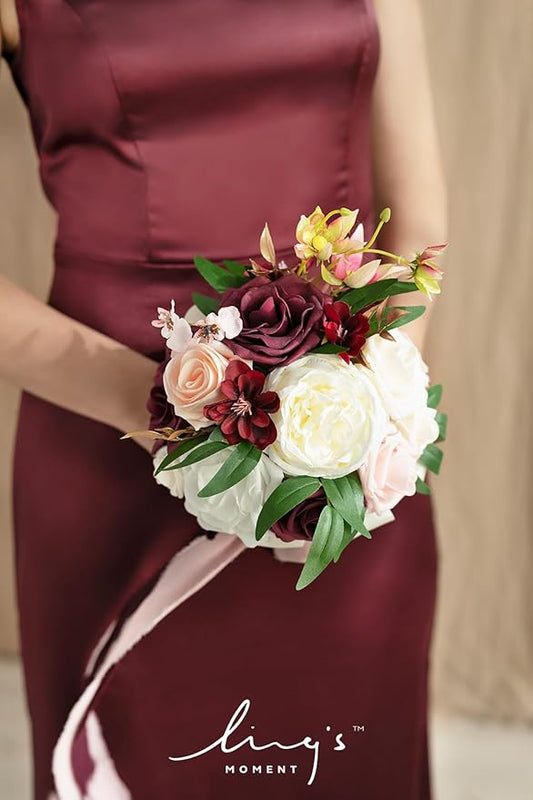 Ling's moment Artificial Flowers Marsala Red & Pink Bridesmaid Bouquet Set of 4, Wedding Flowers Bouquets for Bridesmaids, 7 Inch Bridal Bouquets for Bridesmaids, Wedding Decor, Ceremony, etc