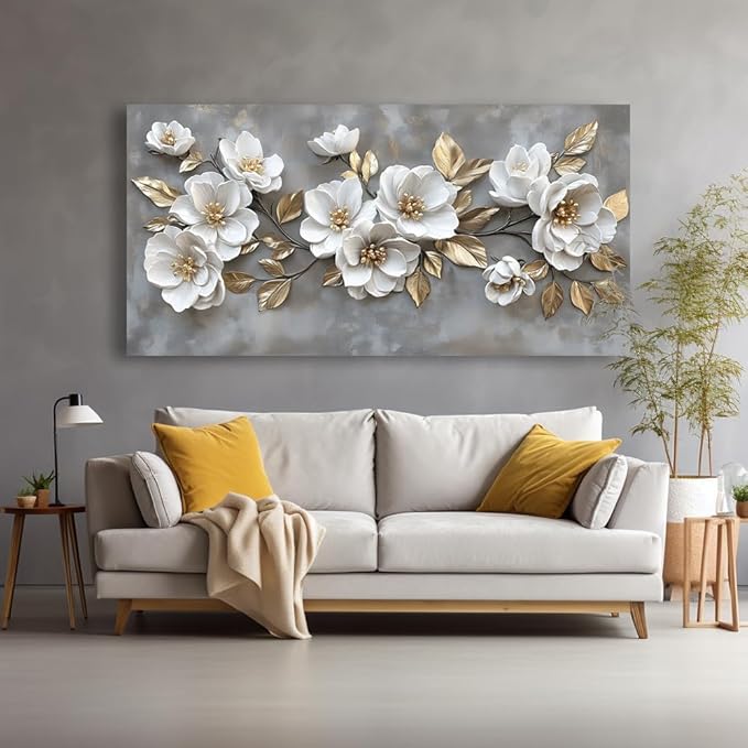 LAVIKARS Modern Gray Flowers Wall Art for Living Room Office White and Golden Floral Landscape Canvas Painting Prints Large Delicate Petals Artwork Kitchen Home Bedroom Decor (23x46 Inches)