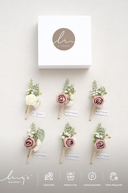Ling's moment Boutonniere for Men, 6pcs Groom Groomsmen Boutonniere, Artificial Flowers for Wedding Decor/Prom/Homecoming, etc.Pink Dusty Rose