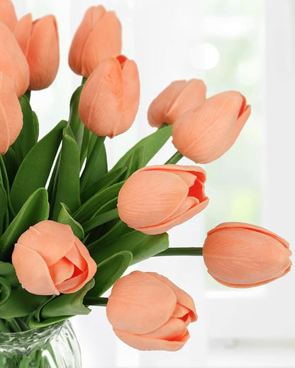 MACTING 30PCS Artificial Tulip Flowers Real Touch Fake Tulips Spring Faux Flowers for DIY Bouquet Floral Arrangements Table Centerpieces Kitchen Dining Room Home Mothers Day Decor(Light Orange)