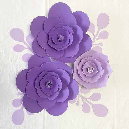 3D Party Paper Flower Decoration Artificial Paper Flower Decorations with Leaves Wall Flower Decor (Lt-Purple Purple Set) Wedding Bridal Shower Nursery Baby Shower Flower Backdrop Decor