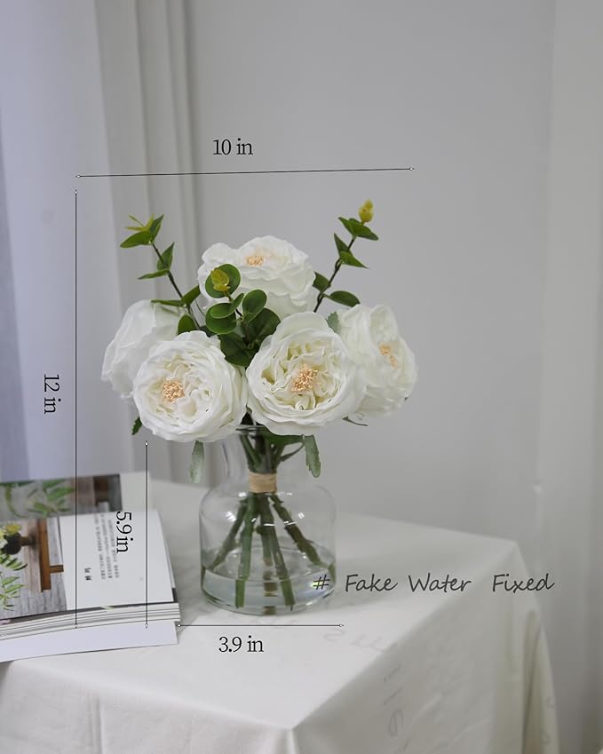 Artificial Flowers in vase, Vivid Faux Rose Flowers Arrangements, Austin Rose Centerpieces for Tables, Flower Ornaments and Flower Arts for Living Room (White)